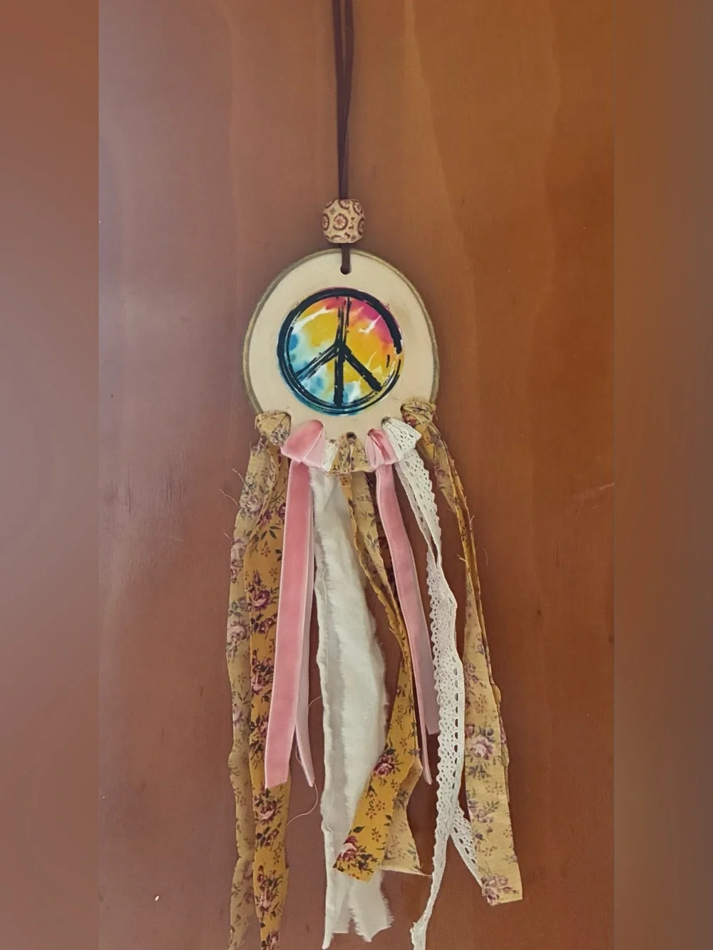 Handmade Boho Yellow & Pink Peace Sign Hanging Wall Décor